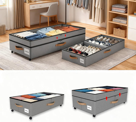 2 Pack Under Bed Storage with Wheels 65L XXL Large Under Bed Storage Containers Box with Lids 10inchs Underbed Storage with Wheels Rolling Under the Bed Storage Bins for Shoes,Clothes,Blankets,Toys