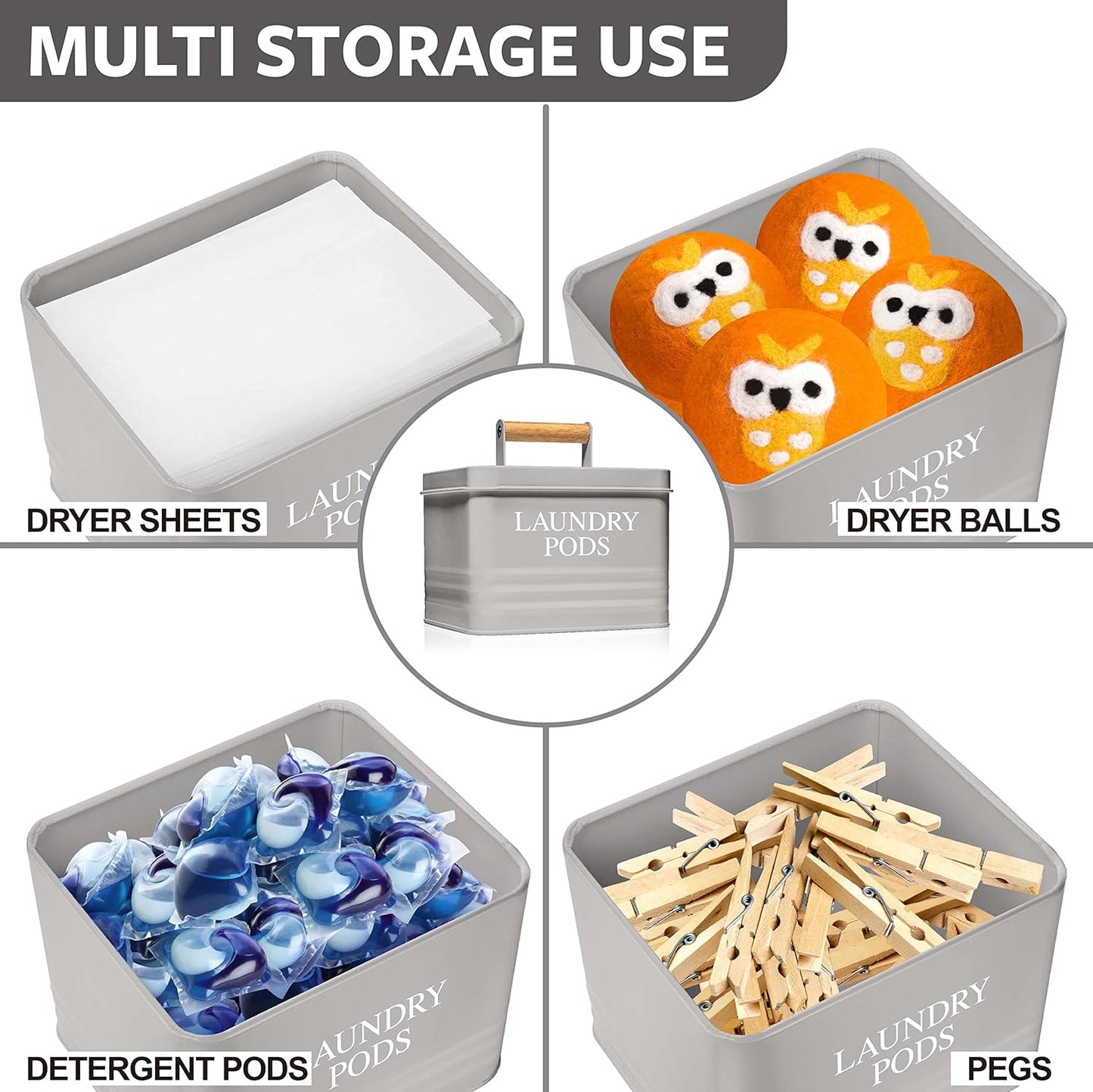 Calindiana Modern Farmhouse Metal Laundry Pods Holder Container with Lid for Laundry Room Decor and Accessories and Space Saving Laundry Room Organization and Storage, Holds 81 Laundry Pods, Grey