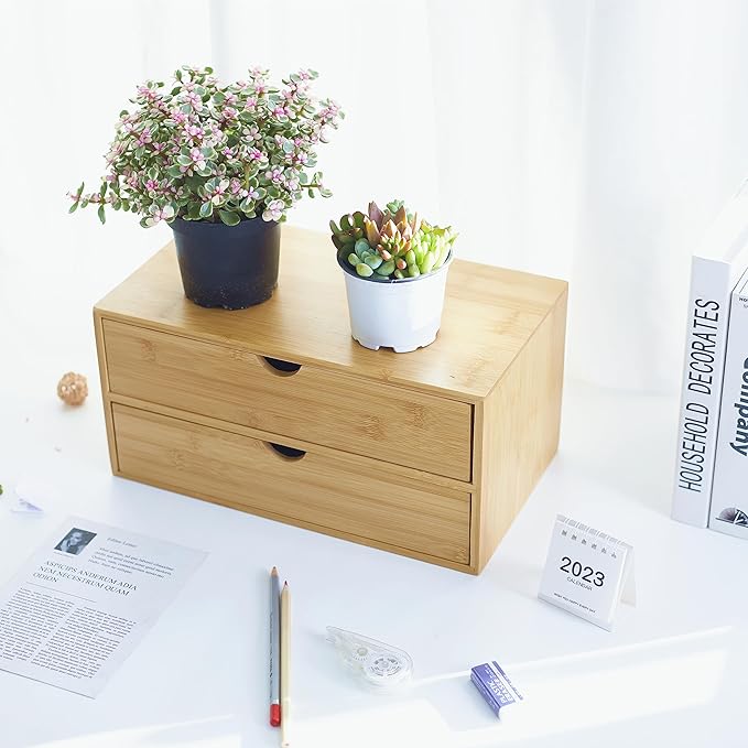 Bamboo Desk Organizer With Drawers Countertop Drawers 2 Drawers Counter Storage Box Corner Desk Organizer for Home Office No Assembly Required