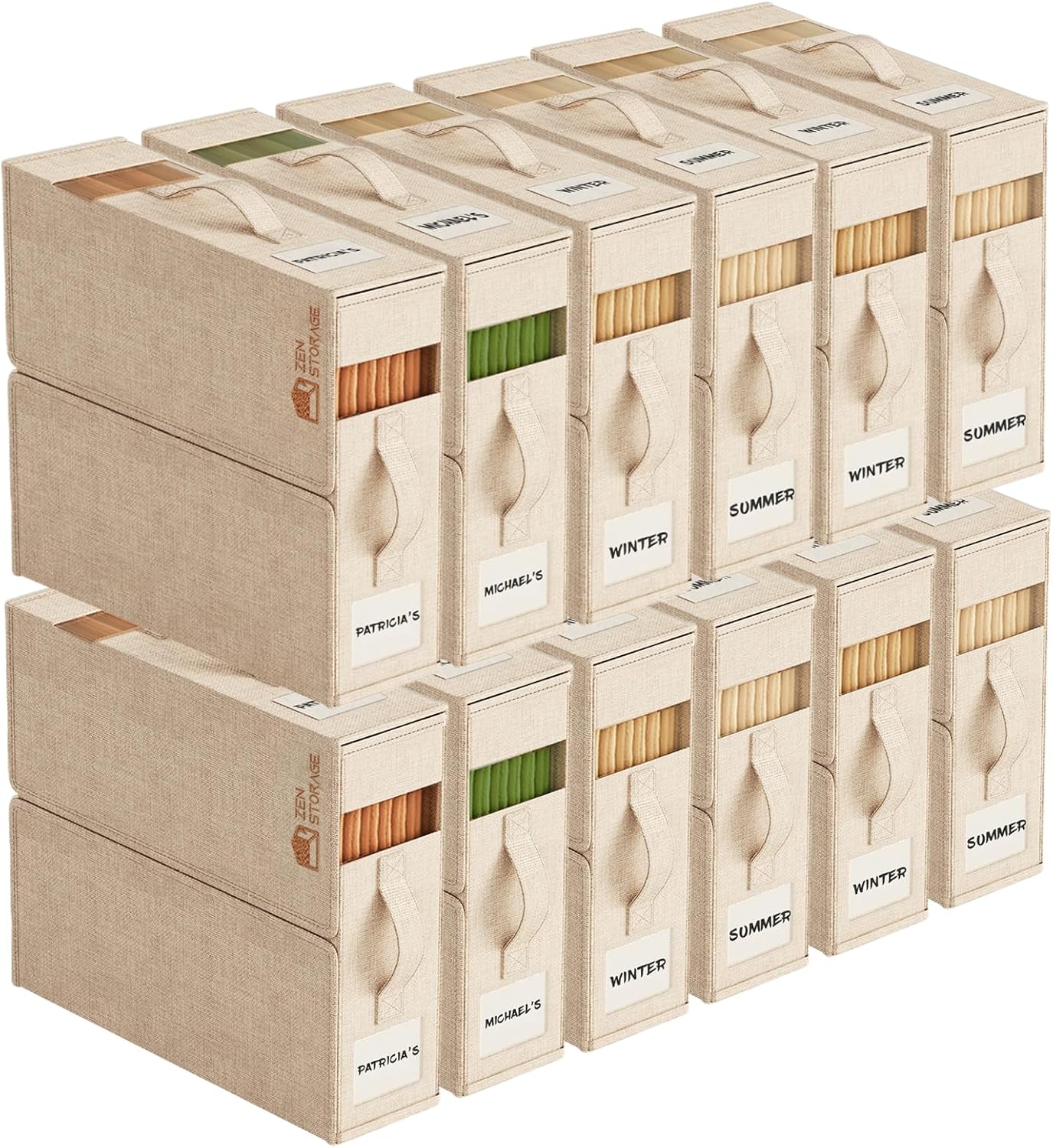 12Pack Sheet Organizers and Storage - King/Queen Size Sheet Storage Organizer with Window, Foldable & Dustproof Sheet Organizer for Linen Closet for Summer Blankets & Sheet Sets,Beige