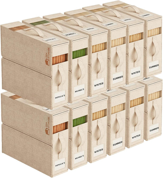 12Pack Sheet Organizers and Storage - King/Queen Size Sheet Storage Organizer with Window, Foldable & Dustproof Sheet Organizer for Linen Closet for Summer Blankets & Sheet Sets,Beige