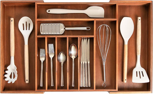 KitchenEdge Premium Silverware, Flatware and Utensil Organizer for Kitchen Drawers, Food-Safe Contract Grade, Expandable from 16 to 28 In, Natural Acacia