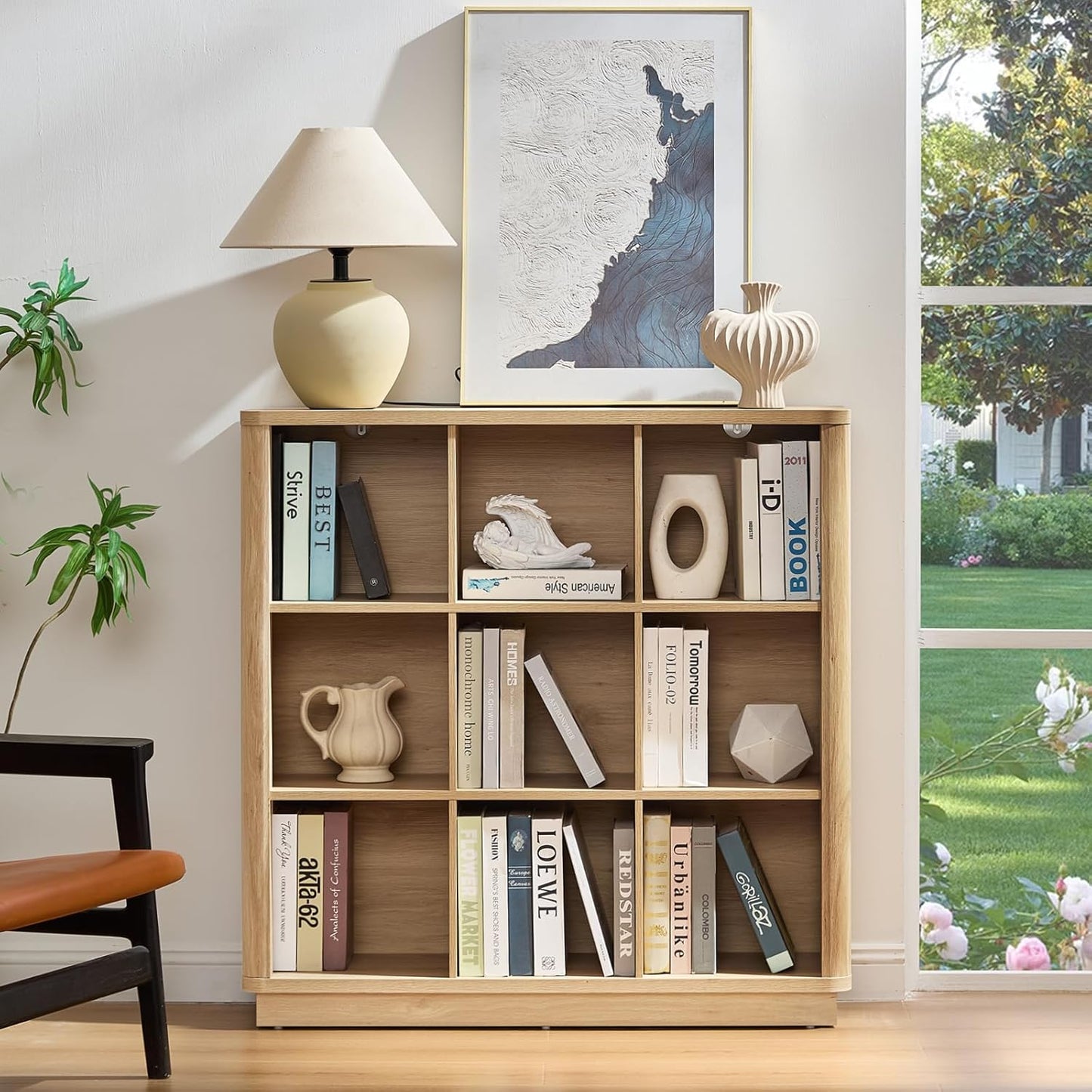 9 Cube Storage Book Shelf, 41" Tall Organizer Bookshelf with Curved Edge, Floor Standing 3-Tier Wood Cubby Bookcase with Base, Modern Display Book Case for Living Room, Home Office,Natural Oak