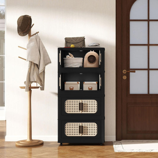 Holaki 156 QT Storage Bins with Lid, 4 Tiers Collapsible Plastic Storage Bins Storage Cabinet Box with Wheels and Magnetic Door for Home Closet Organizers(Retro Black)