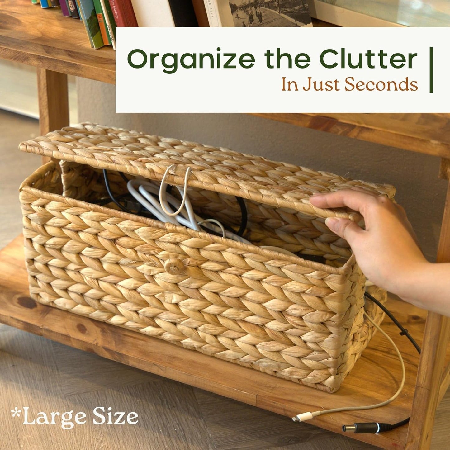 2-Pack Wicker Cable Management Box, Handmade Water Hyacinth Cable Organizer with Lid, Cord Hider Basket with 2 Slots for TV Wires, Power Strips, Surge Protector