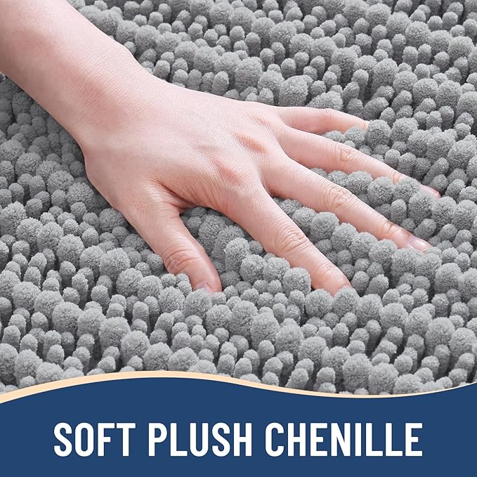 Arotive Luxury Chenille Bathroom Rug Mat, Extra Soft Thick Absorbent Shaggy Bath Rugs, Non-Slip Machine Wash Dry, Plush Bath Mats for Bathroom, Shower and Tub, 44x32, Light Grey
