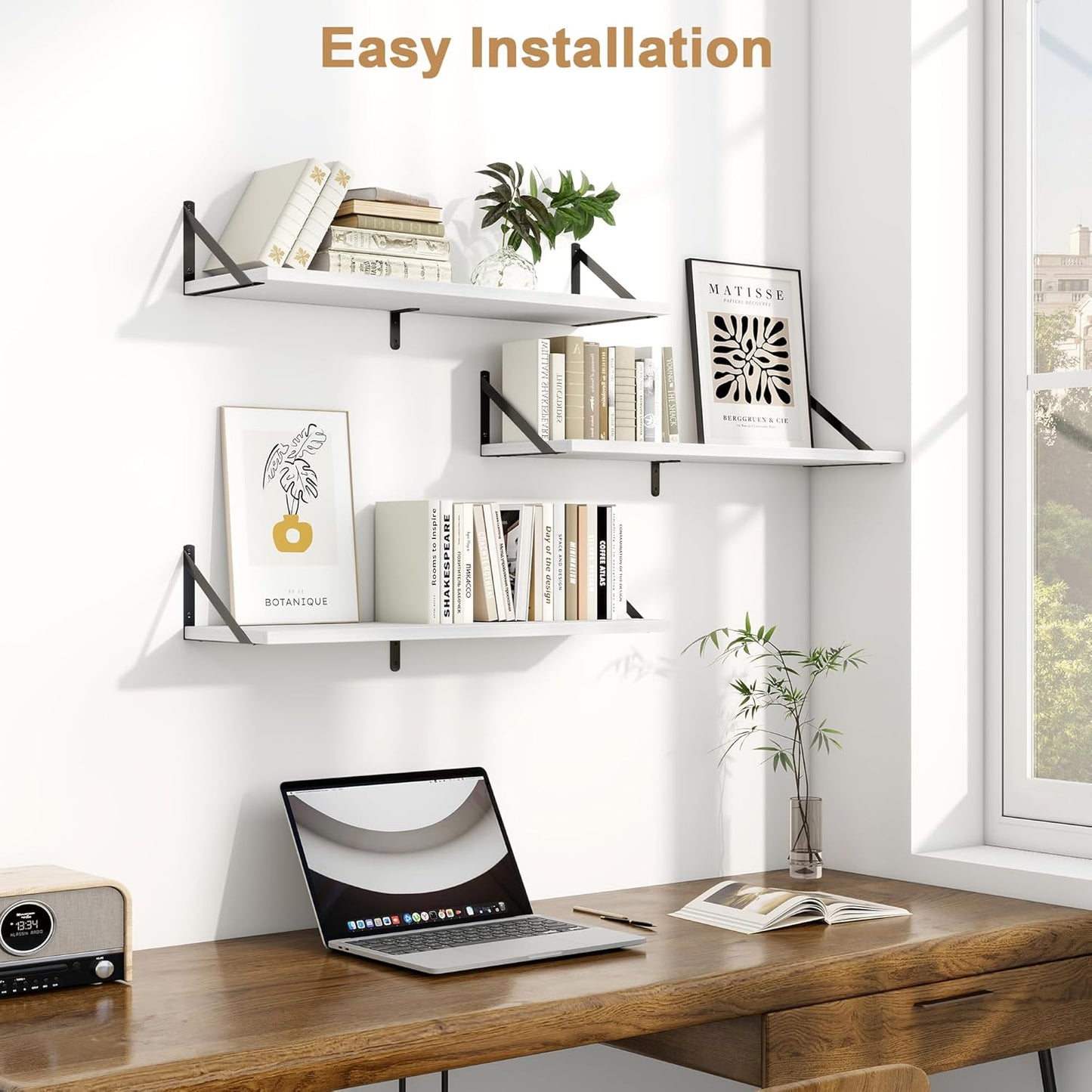 Fun Memories Floating Shelves, 32 x 8 Inches, Set of 3 Wall-Mounted Bookshelves with Metal Brackets, Decorative Storage for Home and Office (White)