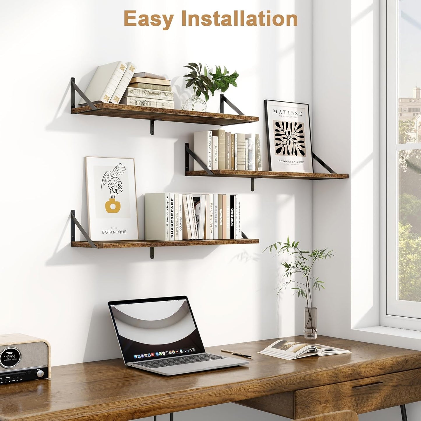 Fun Memories Floating Shelves, 32 x 8 Inches, Set of 3 Wall-Mounted Bookshelves with Metal Brackets, Decorative Storage for Home and Office (Rustic Brown)