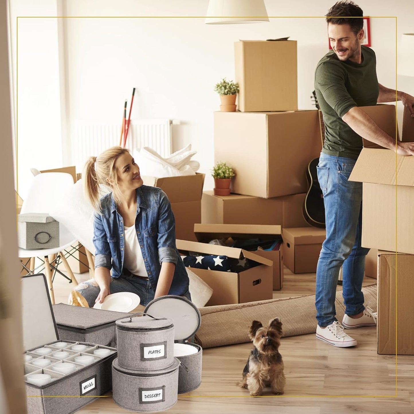 HOMELUX THEORY Hard Shell China Storage Containers for Dishes, 4pcs Plate Storage Containers with Lid, Heavy Duty Dish and Dinnerware Storage with 48 Felt Pads, Kitchen Organizers and Storage