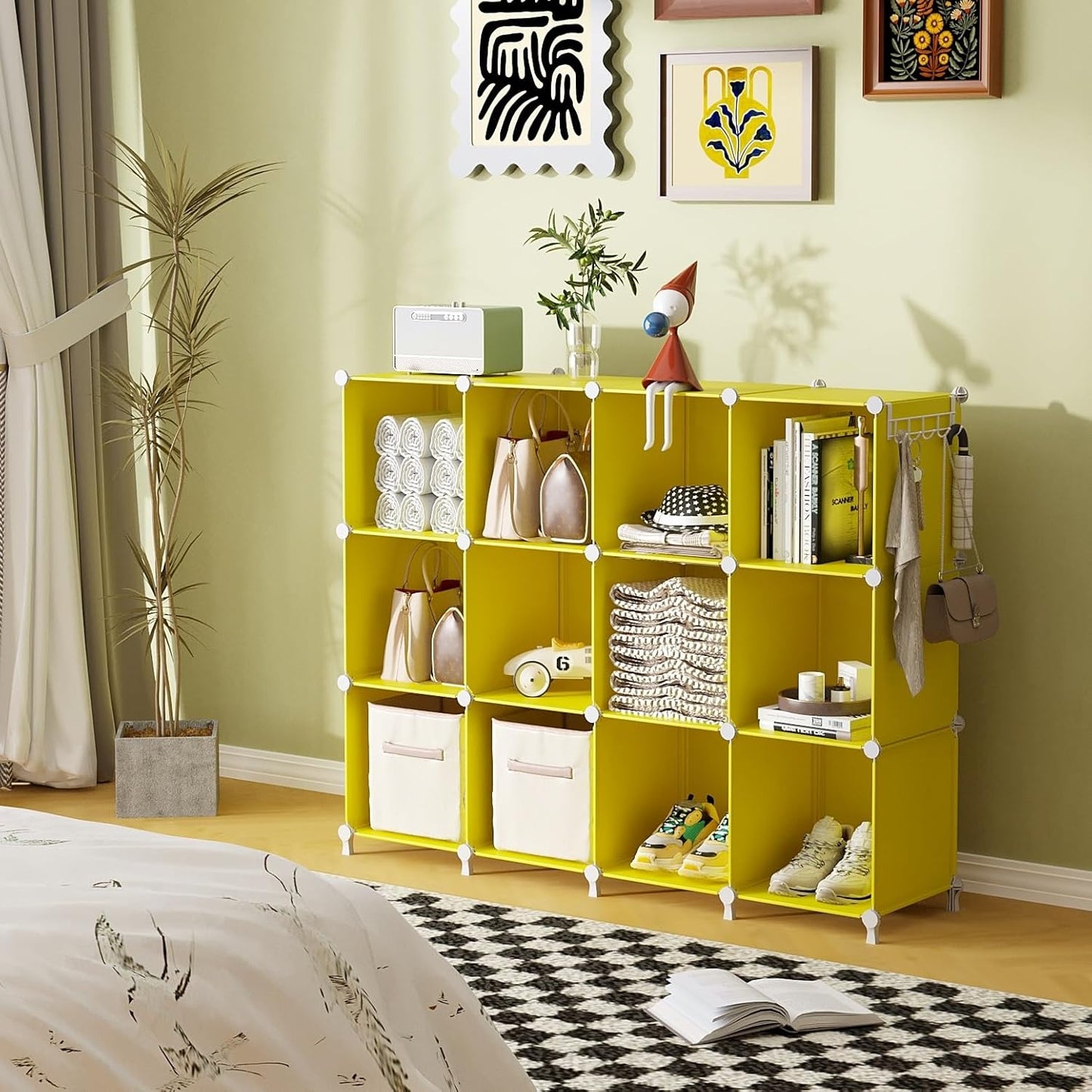 AWTATOS Cube Storage Organizer, Storage Cubes Shelves, 12 Cube Closet Organizers and Storage, DIY Stackable Bookshelf Plastic Clothes Organizer Shelving for Bedroom, Home,Yellow