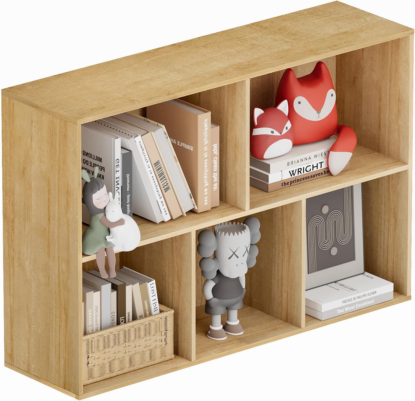 Book Shelf, Wooden Cube Storage Organizer with 11" Open Cubes, Stackable Modular Bookcase for Room Divider Storage, Bookshelf for Living Room, Bedroom, Office (Oak, 5-Cube)