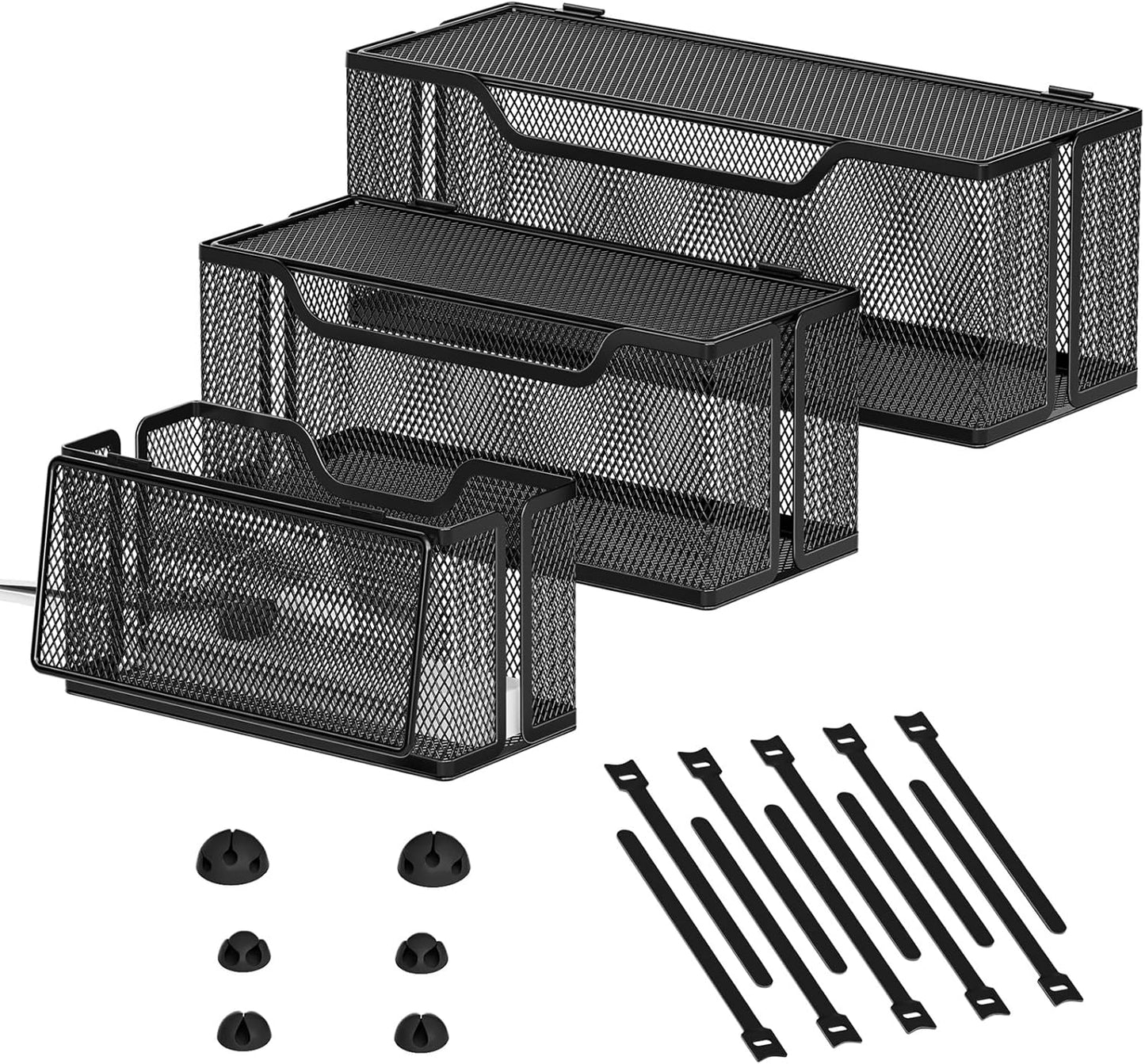Marbrasse 3 Pack Cable Management Box, Metal Mesh Cord Organizer Box for TV Wires, Electrical Hiding, Power Strip – Under Desk Cable Storage Box with Cable Clips&Reusable Cable Ties for Home/Office