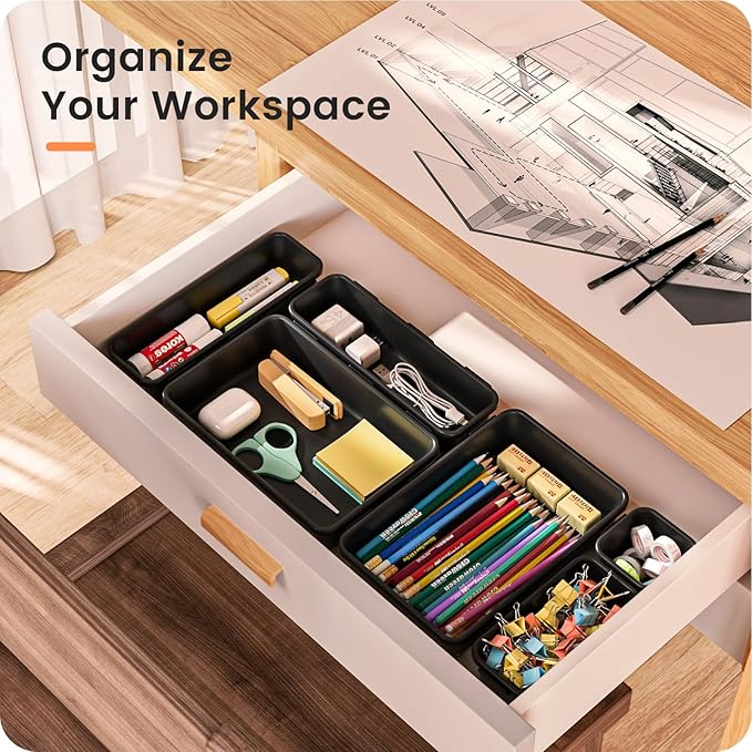 A-LuGei 【𝟮𝟴𝗣𝗖𝗦】 【𝟱𝗦𝗶𝘇𝗲】 Black Drawer Organizer, Makeup organizer, 【Holds 177 Items】 Bathroom Organizers and Storage, Plastic Desk Organizer Divider, Organizer Bins for Office Vanity