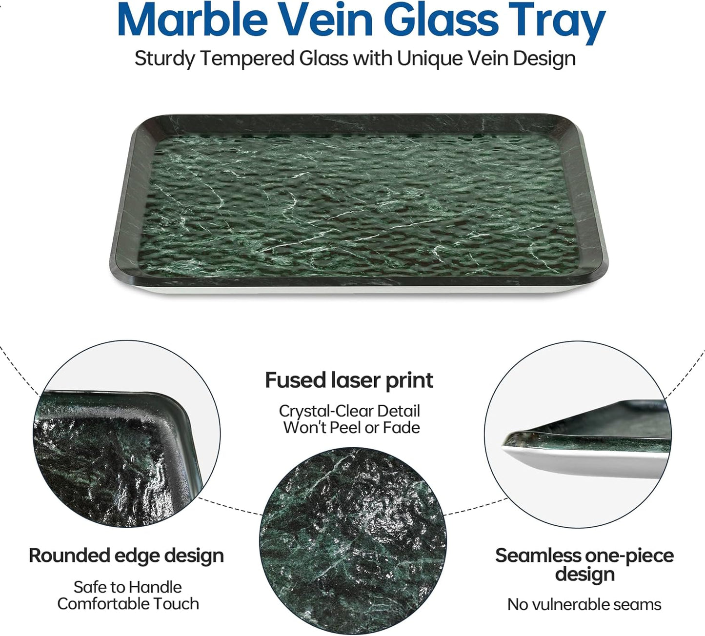 Vanity Decorative Glass Tray,12" x 8" Green Marble Pattern Perfume Tray, Bathroom Tray Countertop Organizer for Soap Towel, Jewelry, Candle