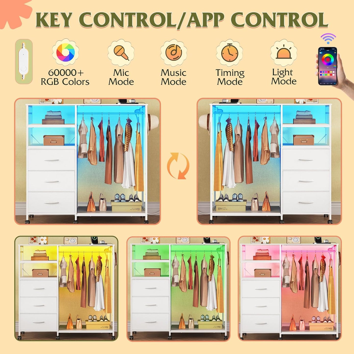 WLIVE 42''W White Dresser for Bedroom with Hanging Rack, 3 Drawer Dresser with LED Lights & Charging Station, Fabric Dressers & Chest of Drawers, Storage Organizer with Open Shelves for Living Room