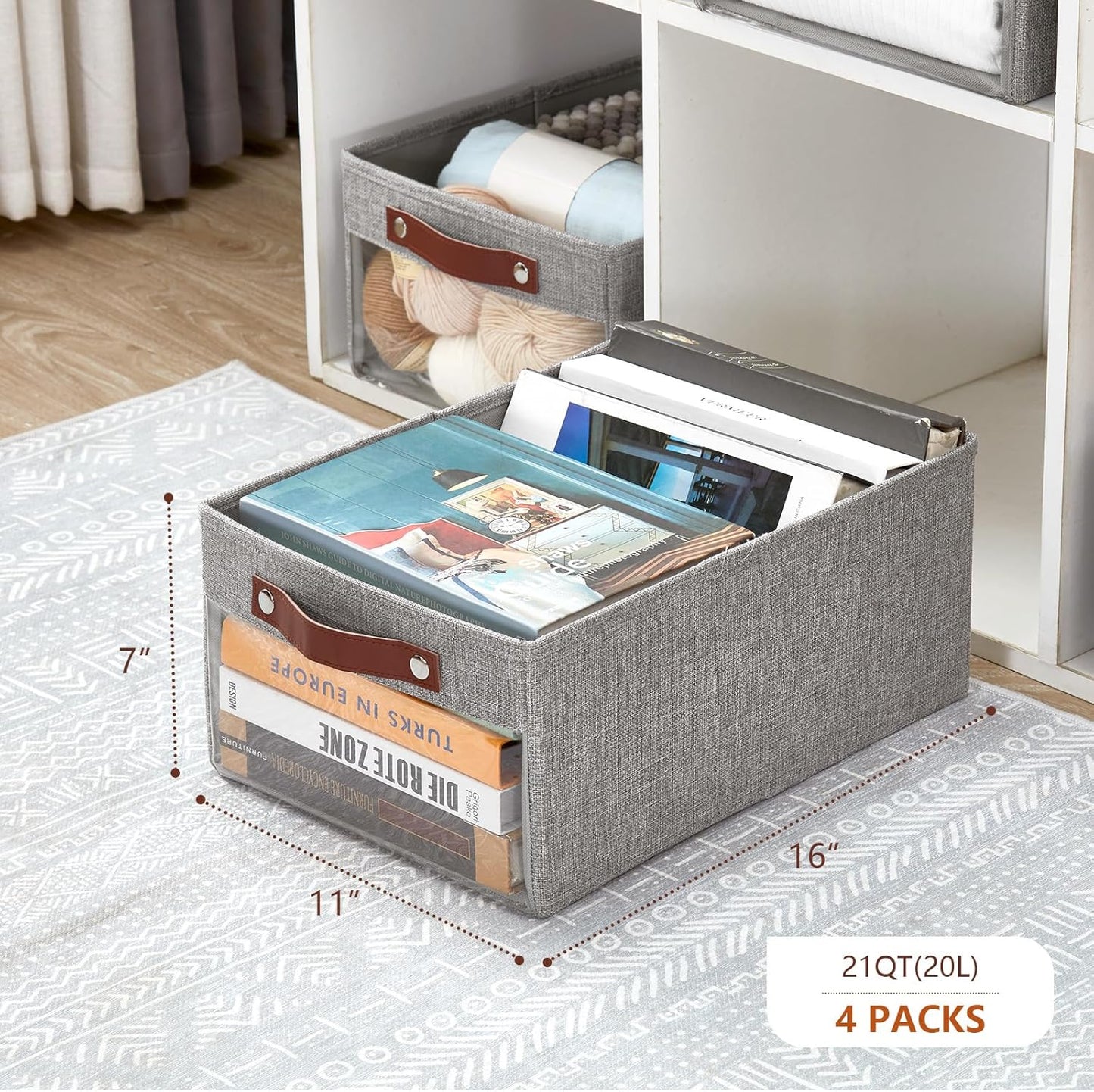 Medium Storage Baskets with Clear Window, See Through Closet Organizer with PU Handles, Linen Foldable Storage Bins for Organizing Clothes, Toys, Books (Gray)