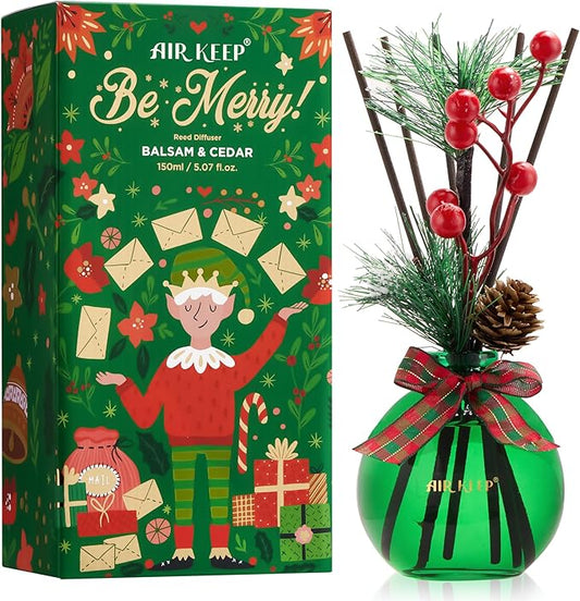 Airkeep Christmas Reed Diffusers Set, 5.07 oz Christmas Balsam & Cedar Scented Diffuser with 8 Sticks,Long Lasting Home Fragrance for Long Days, Perfect for Bathroom, Shelf Decor, Air Fresheners