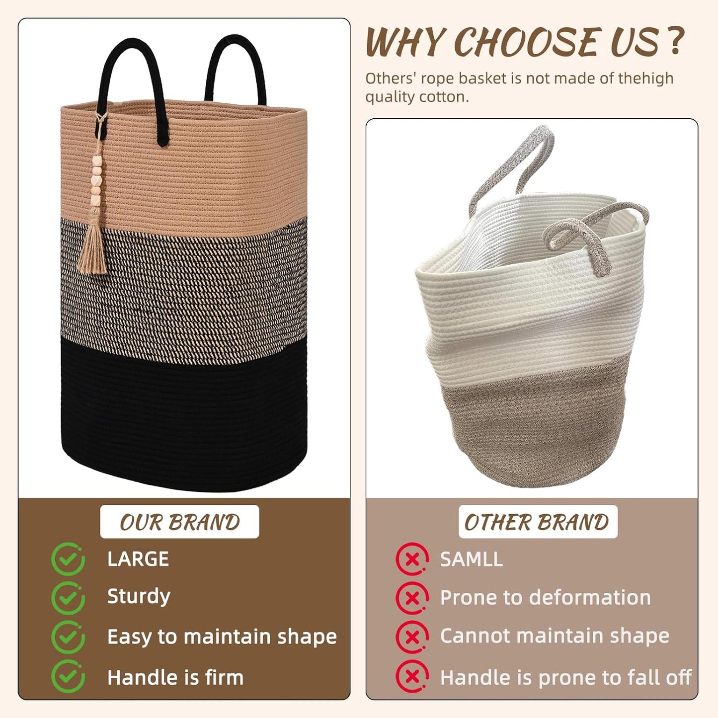 Woven Laundry Basket for Clothes, 65L Large Rectangle Laundry Hampers with Beads Tassel, Nursery Storage Basket for Toys, Tall Dirty Clothes Hamper for Bedroom Aesthetic, Laundry Room Organization