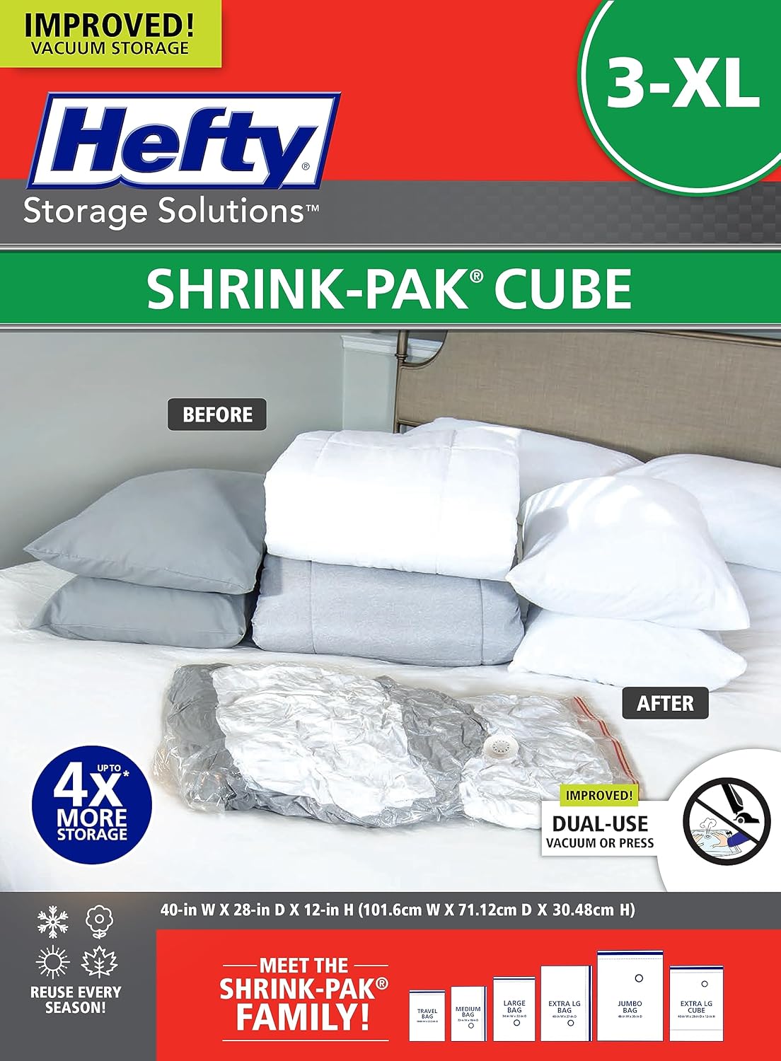 Hefty Shrink-Pak Vacuum Storage Bags - Space Saver for Under Bed Storage, Clothing and Comforters, Odor Resistant, 3X More Storage Space - 3 XL Cubes Bags