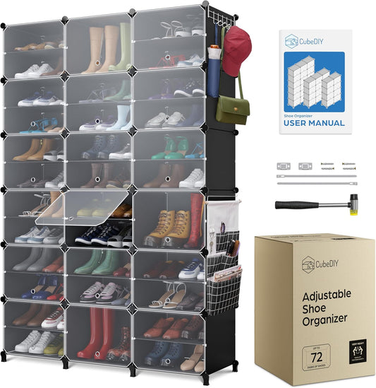 Shoe Organizer Cabinet Up to 72 Pairs, Shoe Closet-Covered Shoe Rack with See-Through Door (Clear, Plastic, Stackable) Cubby Portable Shoe Organizer with Covers, Hooks & Pockets, Black