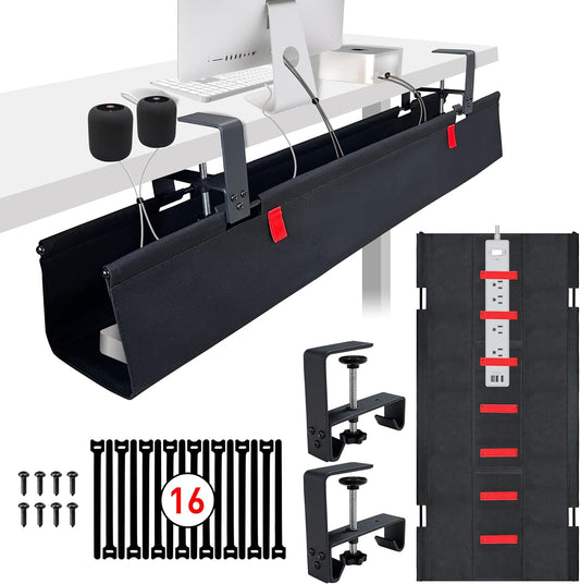 Under Desk Cable Management,No Drill 36",cord organizer,with Silicone Pads (No Scratch!)16 Cable Ties,Washable PE Honeycomb Base,Clamp/Screw Mount-Fits Any Desk 0-2.1",No Stinky Cardboard! Black