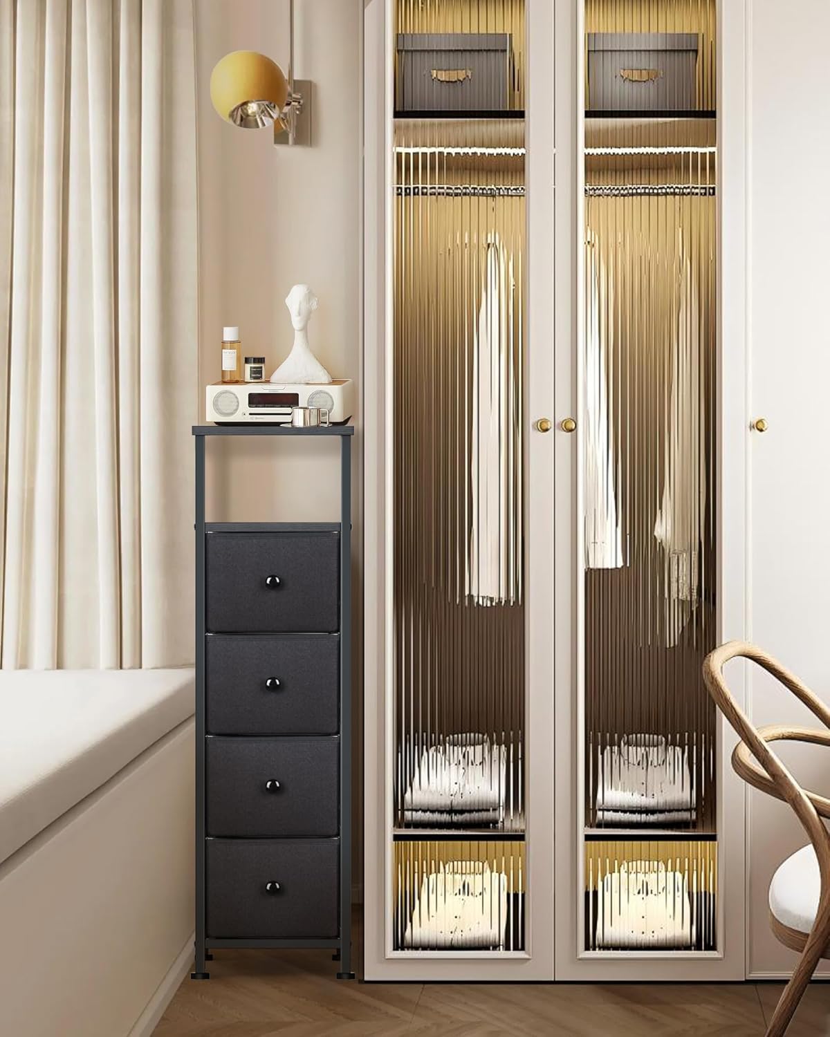 Narrow Dresser for Bedroom, Fabric Tall Dresser & Chests of Drawers with 4 Drawers, Vertical Organizer Storage Tower Unit for Bedroom, Hallway, Entryway Balck