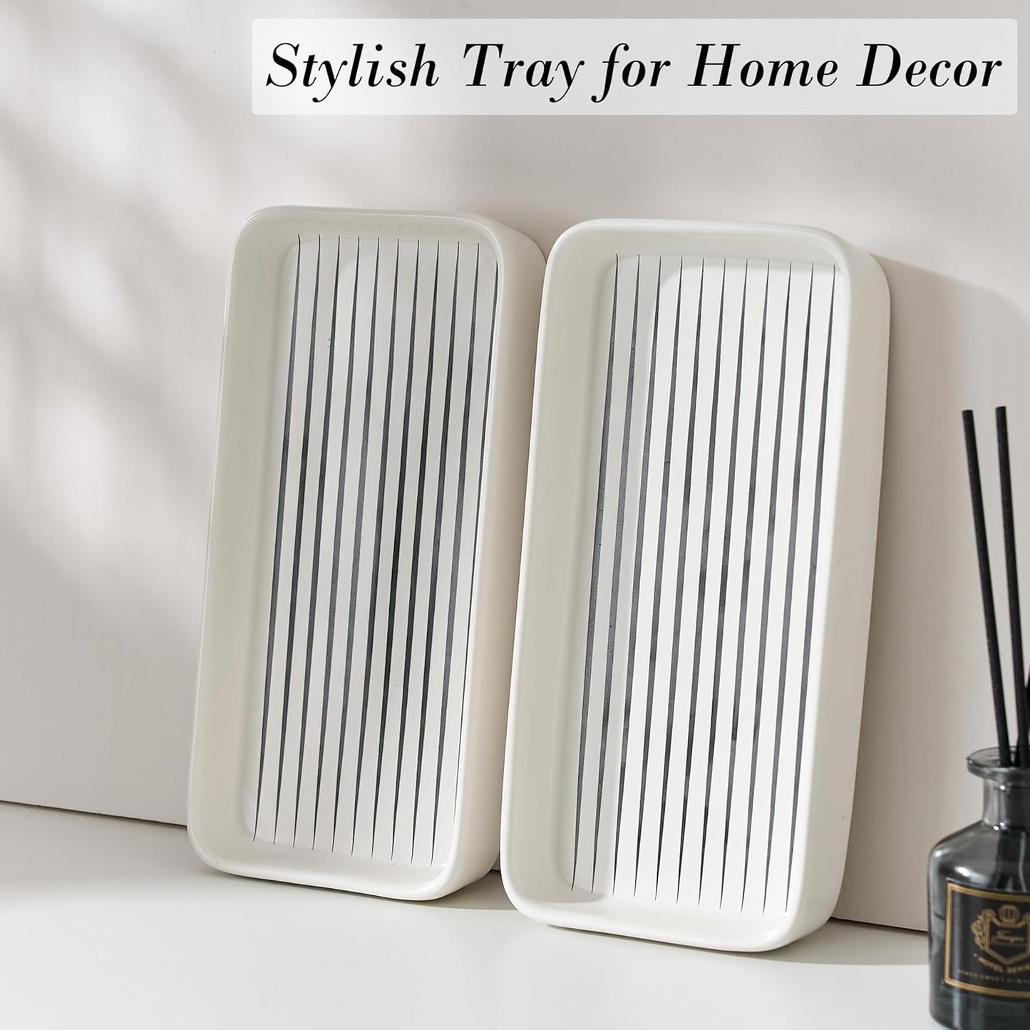 Bathroom Vanity Tray for Countertop,2PC Rectangle Striped Tray,Decorative Bathroom Organizer for Scrubber, Lotion Bottles, Perfume, Jewelry, Candle, Key Trinket Ring(Small,White)