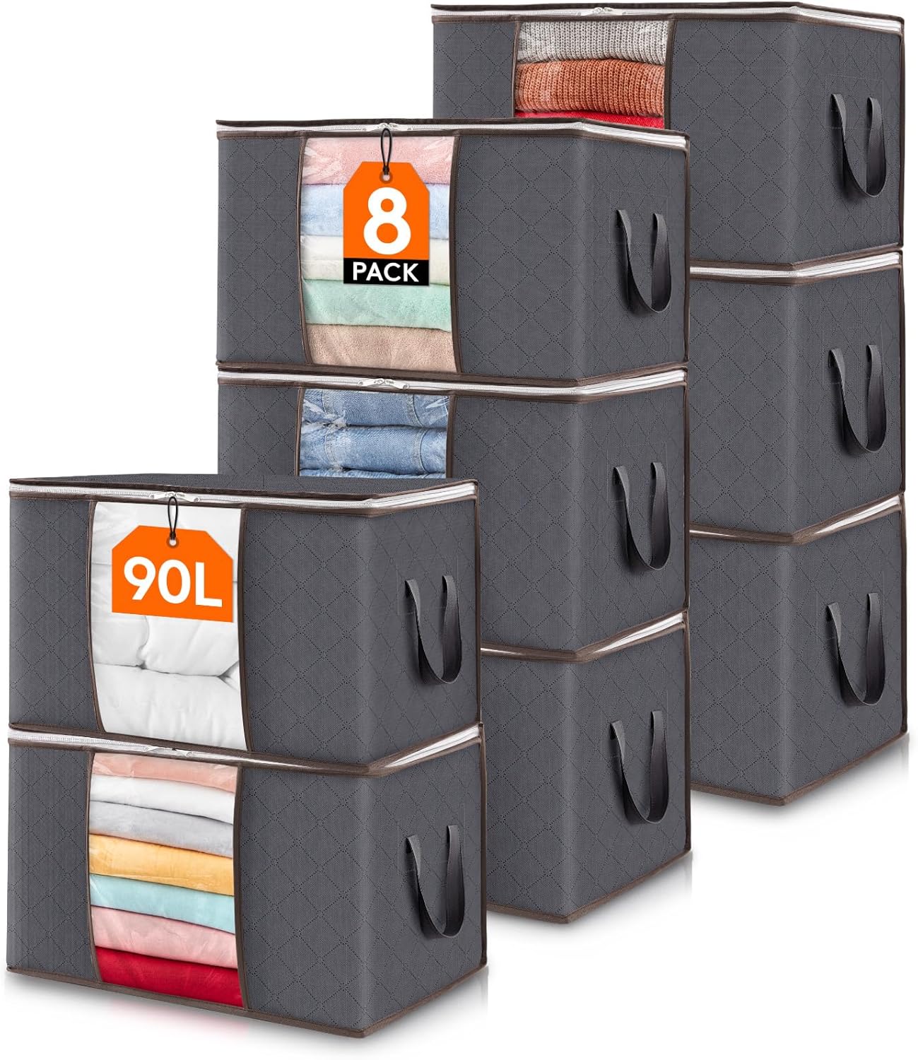 Lifewit 90L Large Storage Bags, 8 Pack Closet Organizers and Storage, Clothes Storage Bins with Lids, Foldable Storage Containers with Reinforced Handles for Clothing, Blanket, Bedding, Comforter Gray