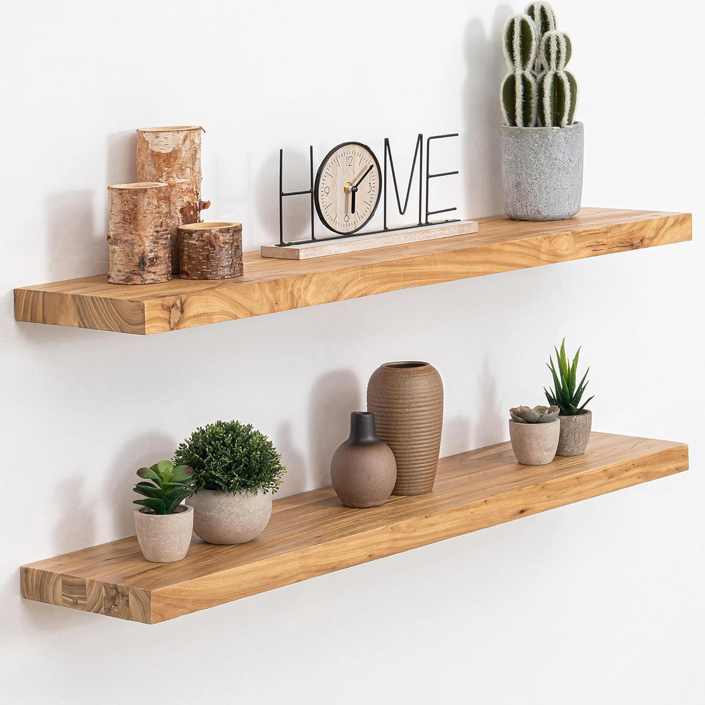 Floating Shelves, 8" Deep Rustic Solid Elm Wood Wall Mounted Floating Shelves, Wall Shelves with Invisible Bracket for Living Room Bathroom Bedroom Kitchen, 36 Inch Set of 2, Natural