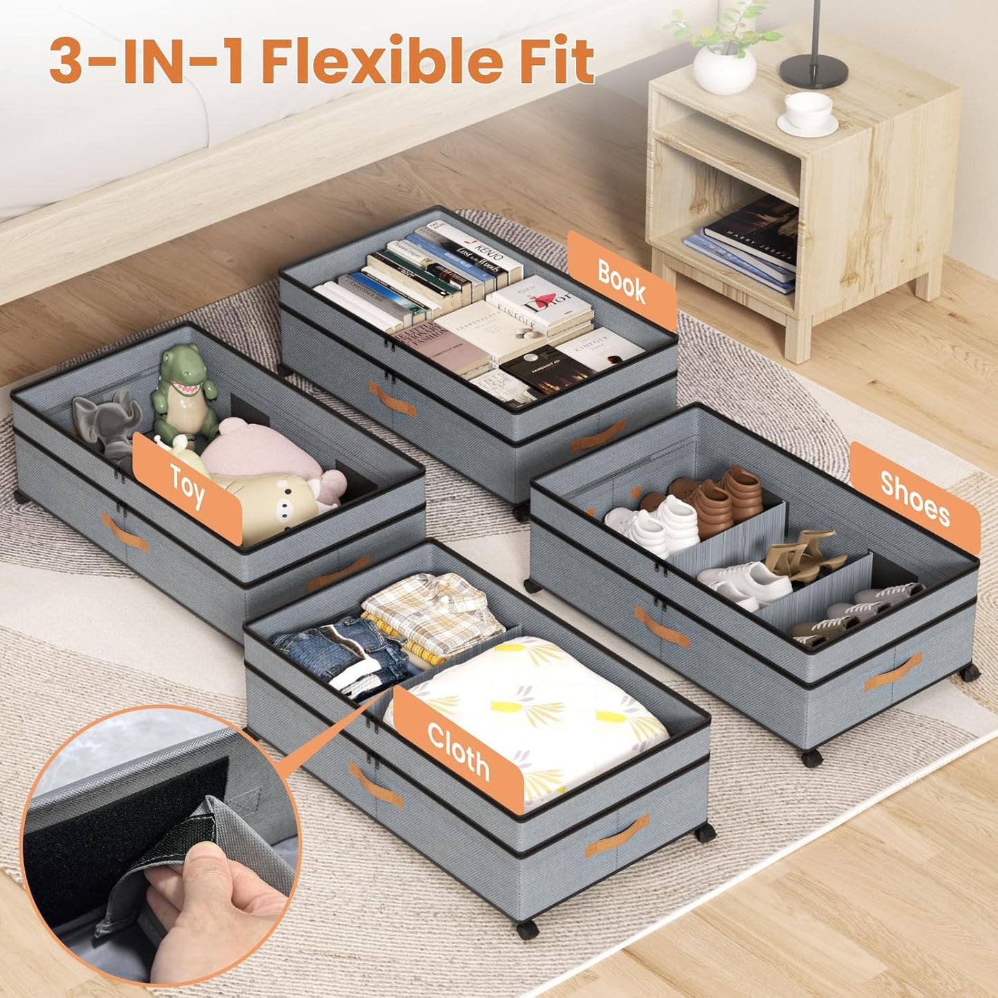 Under Bed Storage with Wheels, 72L XXL Under the Bed Storage Containers Large, 11‘’ Tall Adjustable Storage for Underbed with Lids, Rolling for Shoes, Clothes, Blankets, Grey