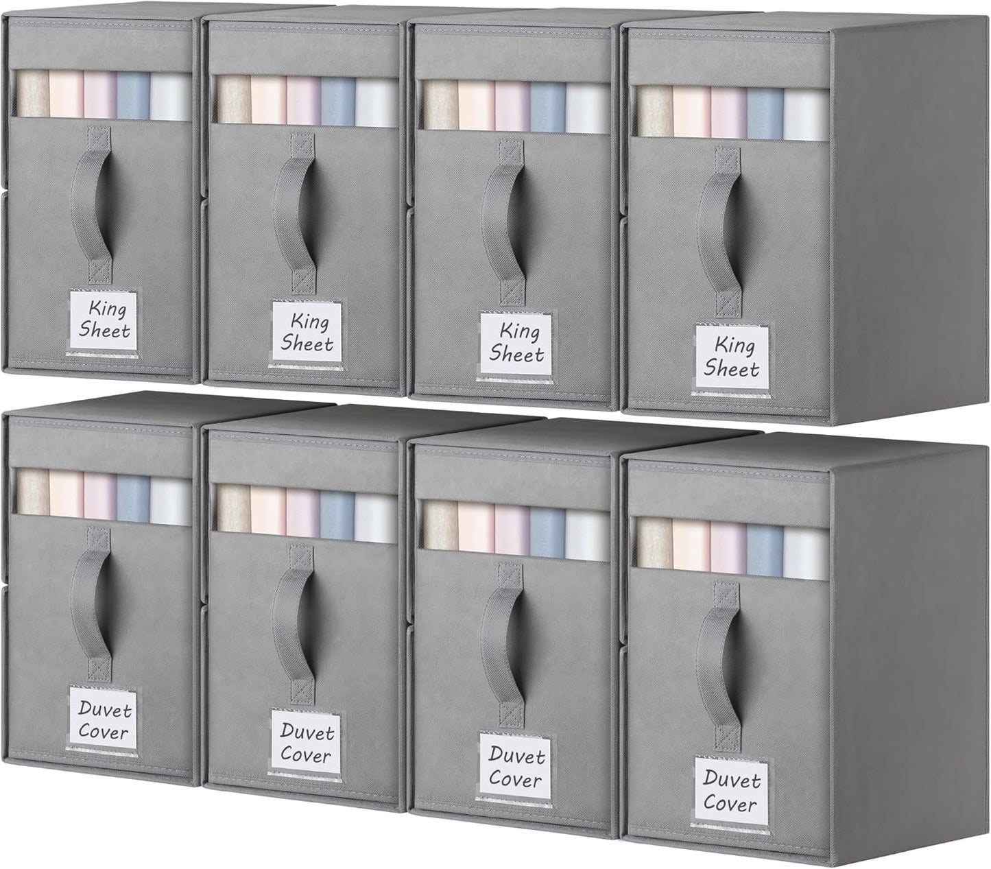 8 Pack Large Bed Sheet Organizers and Storage, (King & Queen Size) Sheet Organizer for Linen Closet, Foldable Bedding Storage Box with Window for Bedsheets, Blanket, Duvet Cover and Pillowcase