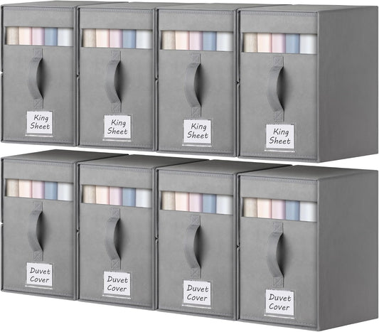 8 Pack Large Bed Sheet Organizers and Storage, (King & Queen Size) Sheet Organizer for Linen Closet, Foldable Bedding Storage Box with Window for Bedsheets, Blanket, Duvet Cover and Pillowcase