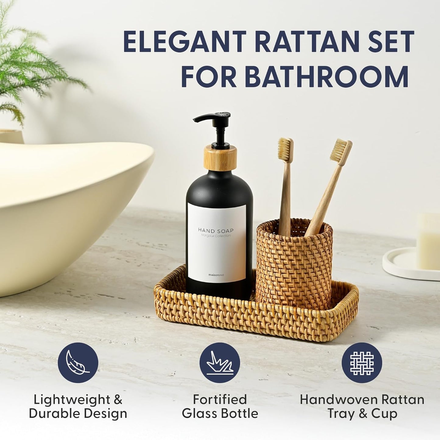 MaisoNovo Rattan Bathroom Set - Black Countertop Dispenser, Toothbrush Holder & Toothpaste Cup with Tray - Set of 3 - Rattan Bathroom Vanity Trays Rectangle for Storage