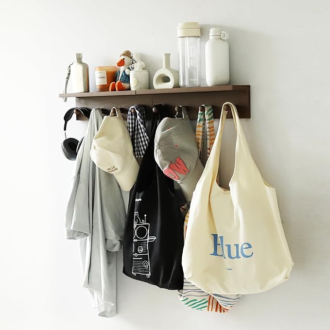 Entryway Coat Rack Hooks with Shelf, Sturdy Wooden Floating WallOrganizer Shelf with 4 Hooks siutable for Entrance, Mudroom, Kitchen, Bathroom,.etc(2pc-Walnut Finish)
