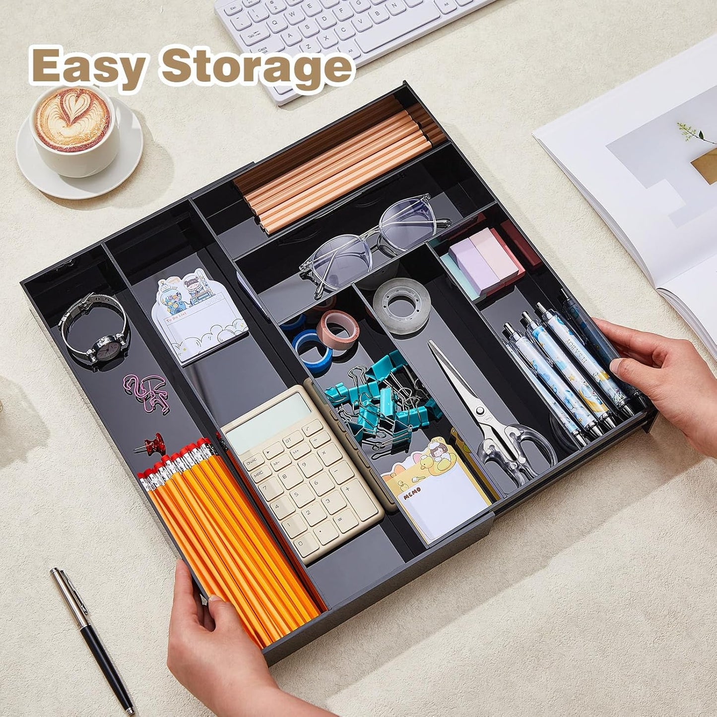 1 Pcs Acrylic Drawer Organizer Maximum 15 x 18 x 2 Inch Expandable Drawer Organizer Pens Notebook Ruler Makeup Tray with 7 Adjustable Compartments for Desk Office Kitchen Bathroom (Black)