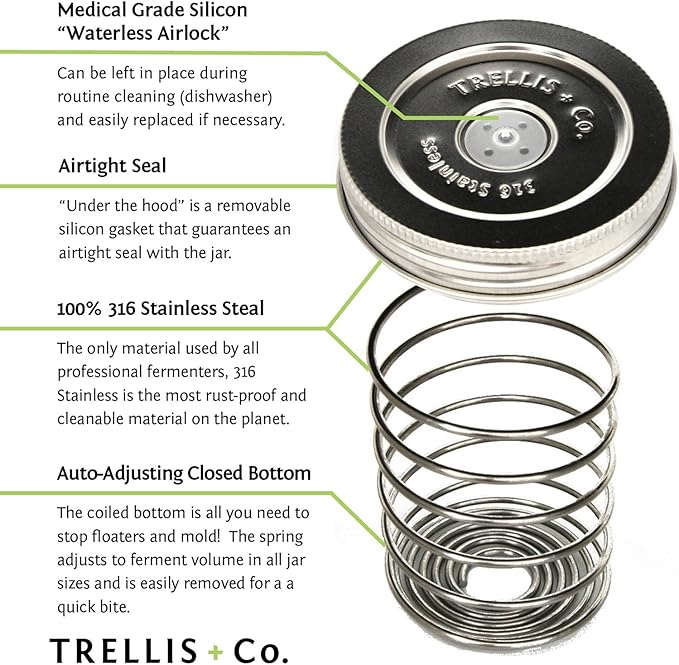 Stainless Steel Fermentation Jar Kit | 3 Waterless Fermenter Airlock Lids & 3 Pickle Helix Fermentation Weights, for Wide Mouth Mason Jars | Recipe eBook Included with Fermenting Kit