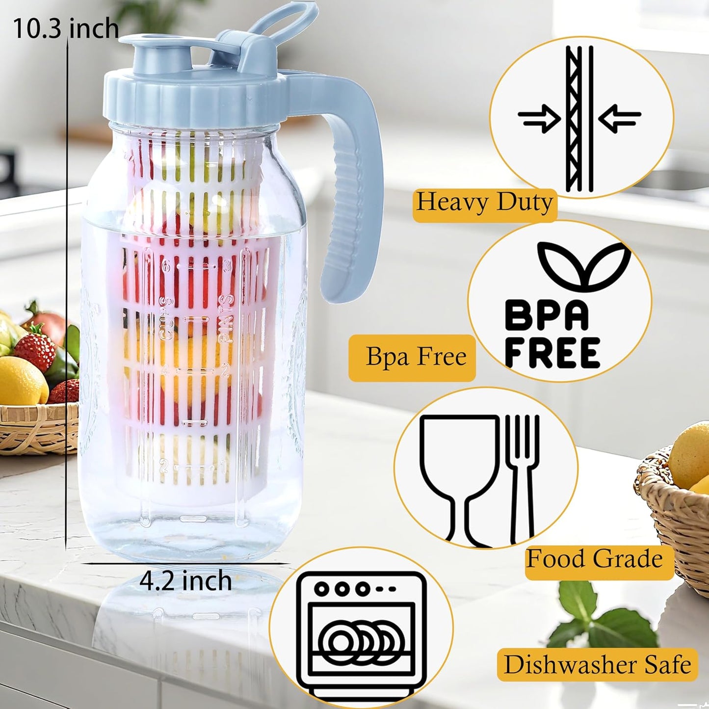 64 Oz Glass Pitcher With Infuser Lid Half Gallon Mason Ja Fruit Infused Cold Hot Water Pitcher 2 Quart Wide Mouth Sun Tea Jar For Outside For Fridge Lemonade, Beverage,Milk,Juice, Cold Brew Container