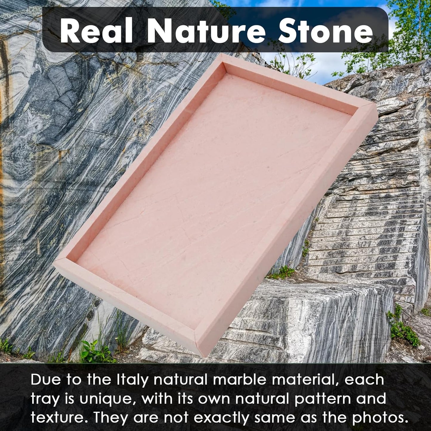 Real Natural Marble Tray for Bathroom, Vanity, Kitchen and Desktop, Rectangle Genuine Marble Stone Tray for Jewelry, Cosmetics, Candles, Lotion, Perfume and Home Decor
