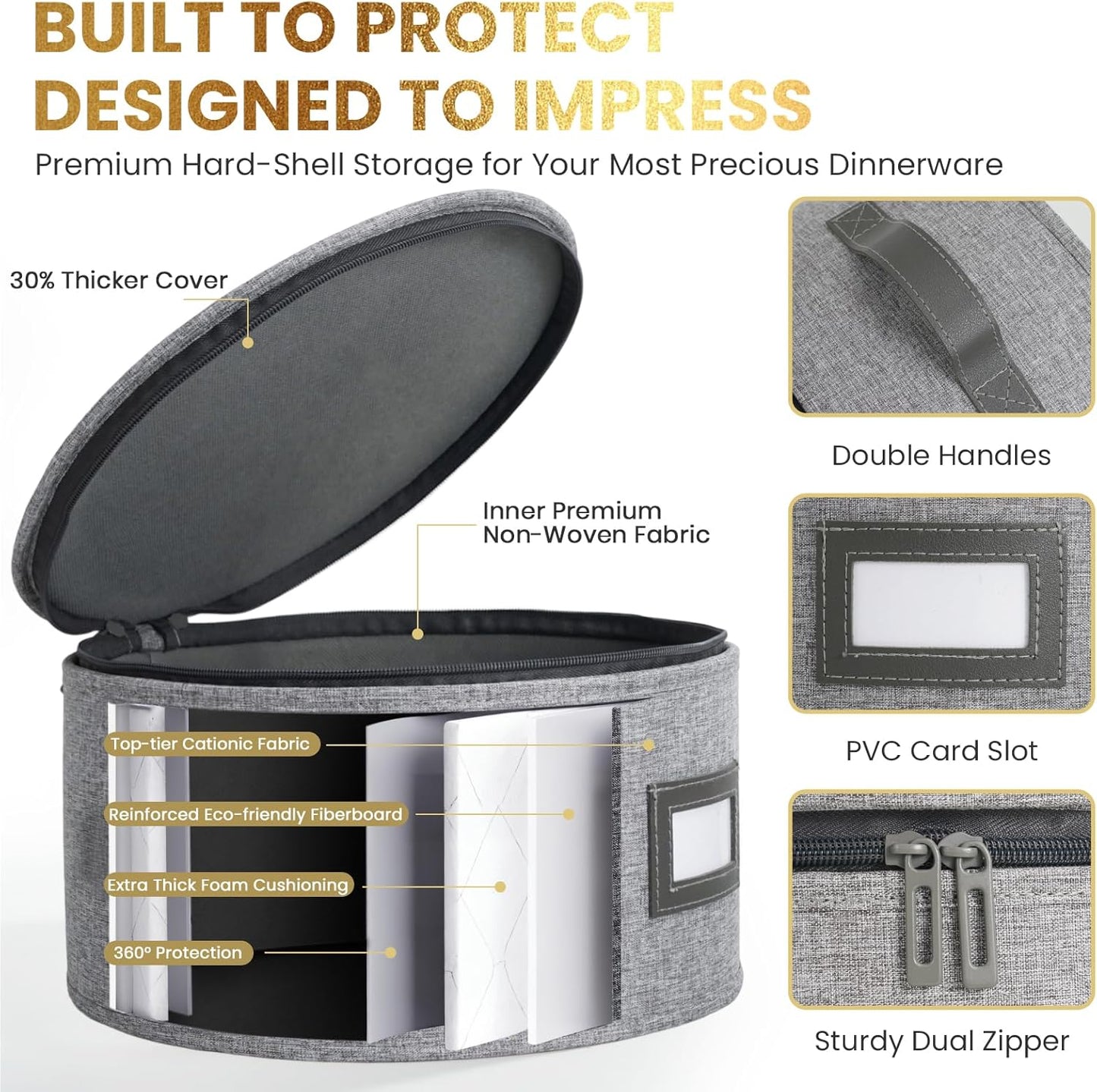 HOMELUX THEORY Plate Storage Box, 4pc Light Gray Hard Shell China Storage Containers with 48 Felt Pads, Kitchen Storage Bins With Lids, Moving Box with Handles for Dishes, Dinner Plate & Platter