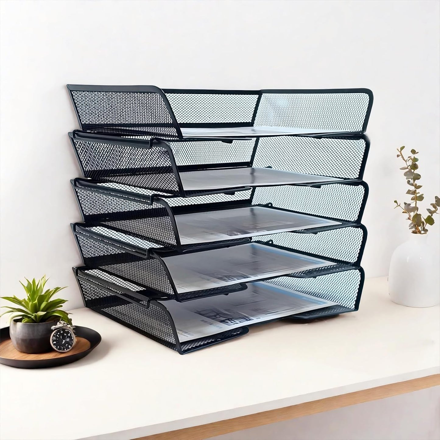 5 Tier Metal Mesh Desk Organizer-Stackable Letter Trays for Office Supplies,Black File Storage System with Reinforced Edges