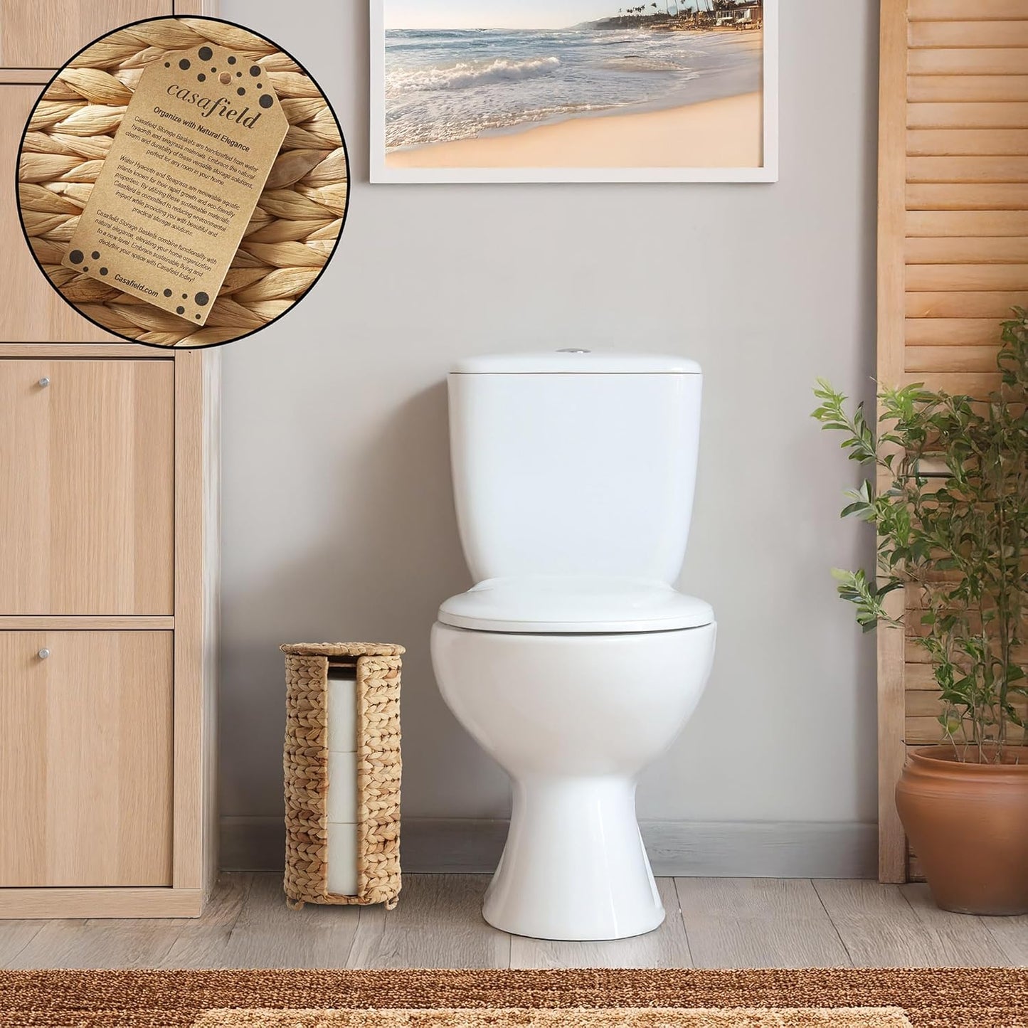 Casafield Free Standing Toilet Paper Storage Roll Holder with Lid - Natural, Fits 3 Rolls, Water Hyacinth Bath Tissue Organizer for Bathroom