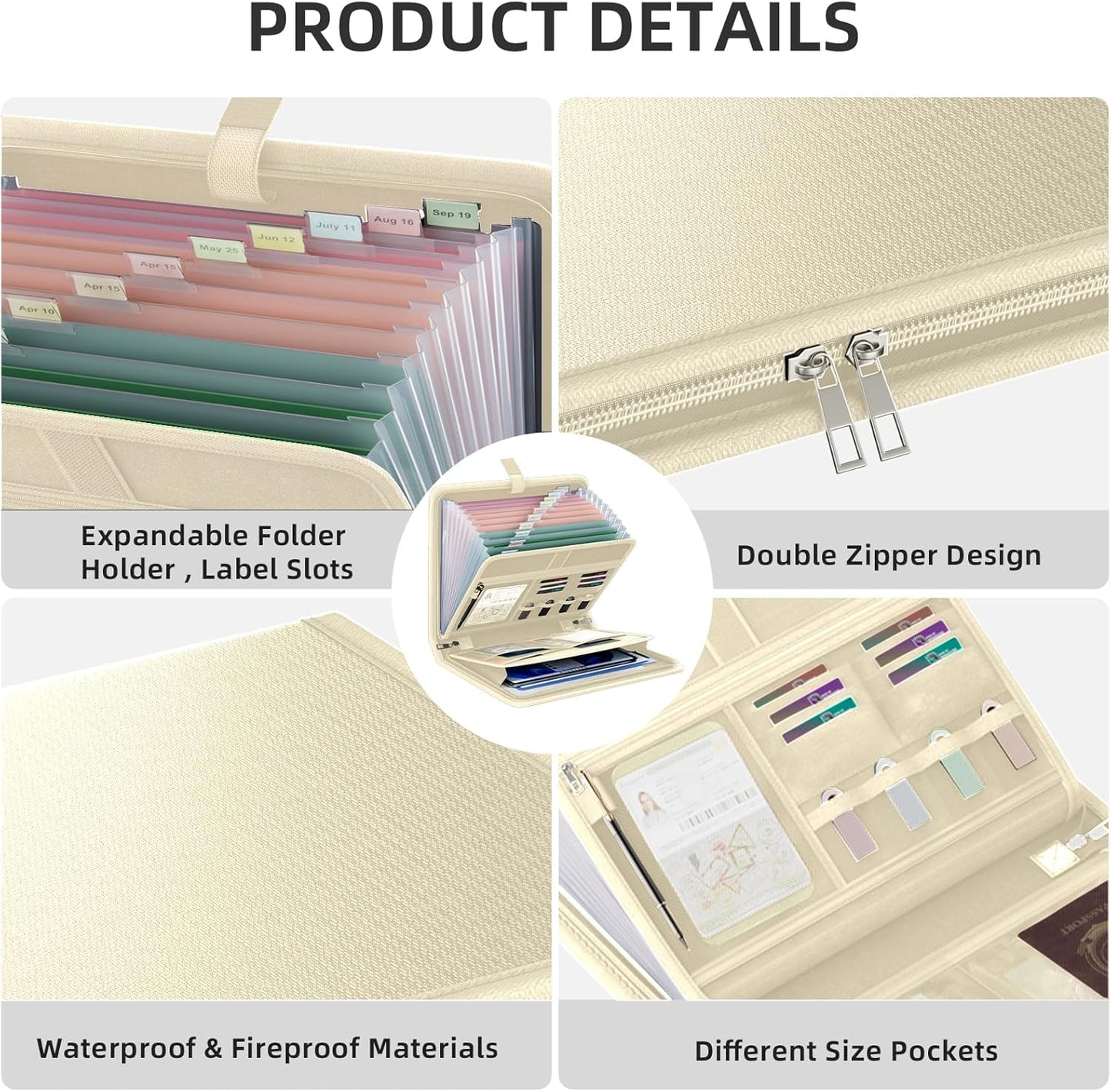 Fireproof Accordion File Organizer, Portable Expanding File Folder with Waterproof Zipper&Labels, Khaki Document Organizer with 13 Pockets, File Organizer for Important Document/Paper Storage