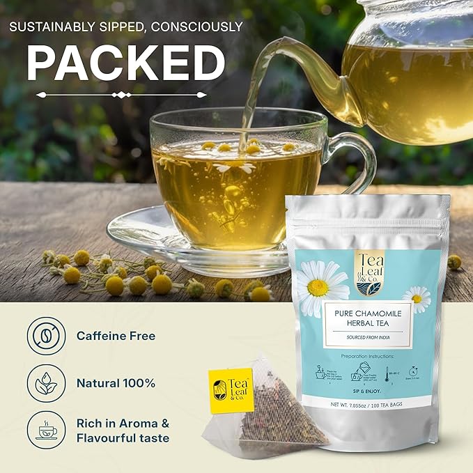 Tealeaf & Co. Pure Chamomile Herbal Tea - Organic Chamomile Tea Bags Blended with Fresh Herbs - Contains Low Caffeine - Gluten Free - 100 Teabags (7.055oz/200gm)