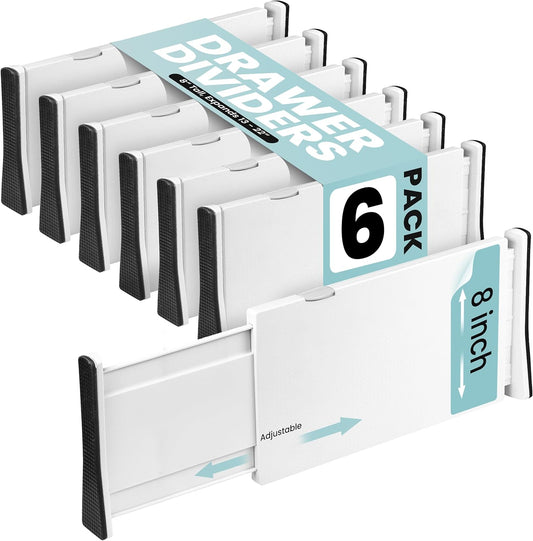 RAPTUROUS Adjustable Drawer Dividers, 8" Tall, Expandable 13.35-22", 6-Pack, Non-Slip for Deep Drawers in Kitchen, Bedroom, and Closet (White)