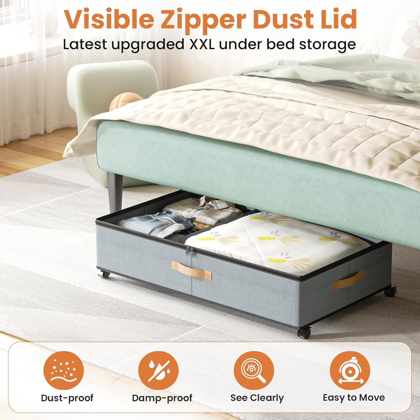 Under Bed Storage with Wheels, 72L XXL Under the Bed Storage Containers Large, 11‘’ Tall Adjustable Storage for Underbed with Lids, Rolling for Shoes, Clothes, Blankets, Grey