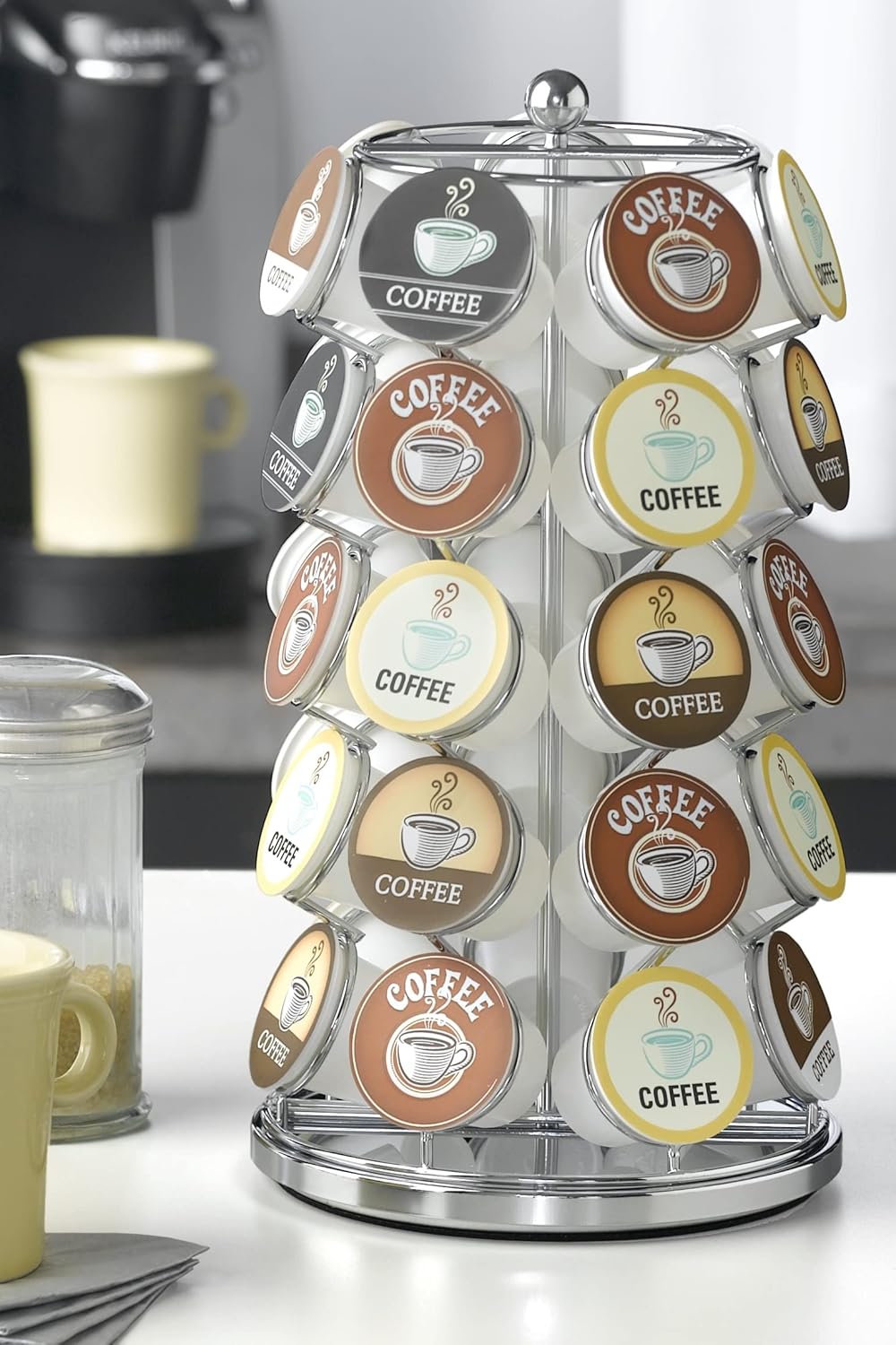 Nifty K Cup Holder – Compatible with K-Cups, Coffee Pod Carousel | 35 K Cup Holder, Spins 360-Degrees, Lazy Susan Platform, Modern Chrome Design, Home or Office Kitchen Counter Organizer