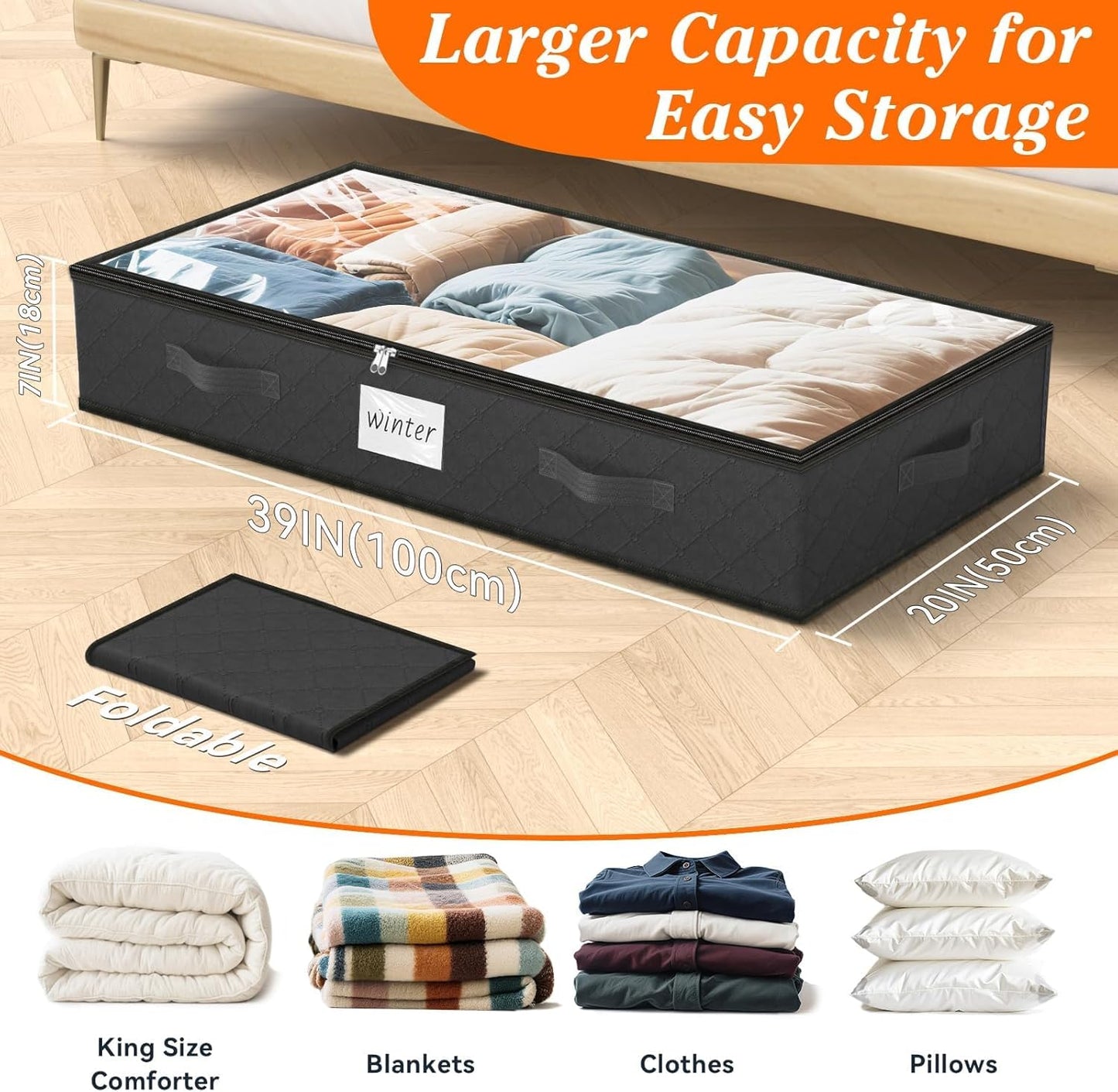 SpaceWhisper 90L Under Bed Storage Containers, 4-Pack Storage Bins with Clear Top, Foldable Closet Organizers and Storage with Label Holder for Clothing, Blankets, Comforter & Pillows(Black)