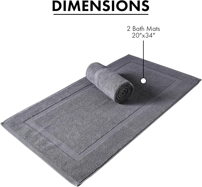 SALBAKOS 100% Turkish Cotton Bath Mat Set 2-Piece - 20x34 inch, Premium Quality Hotel & Spa Collection, Soft, Absorbent, Long Lasting, Durable Bathroom Rugs | Made in Turkey (Gray, 2 Bath Mats)