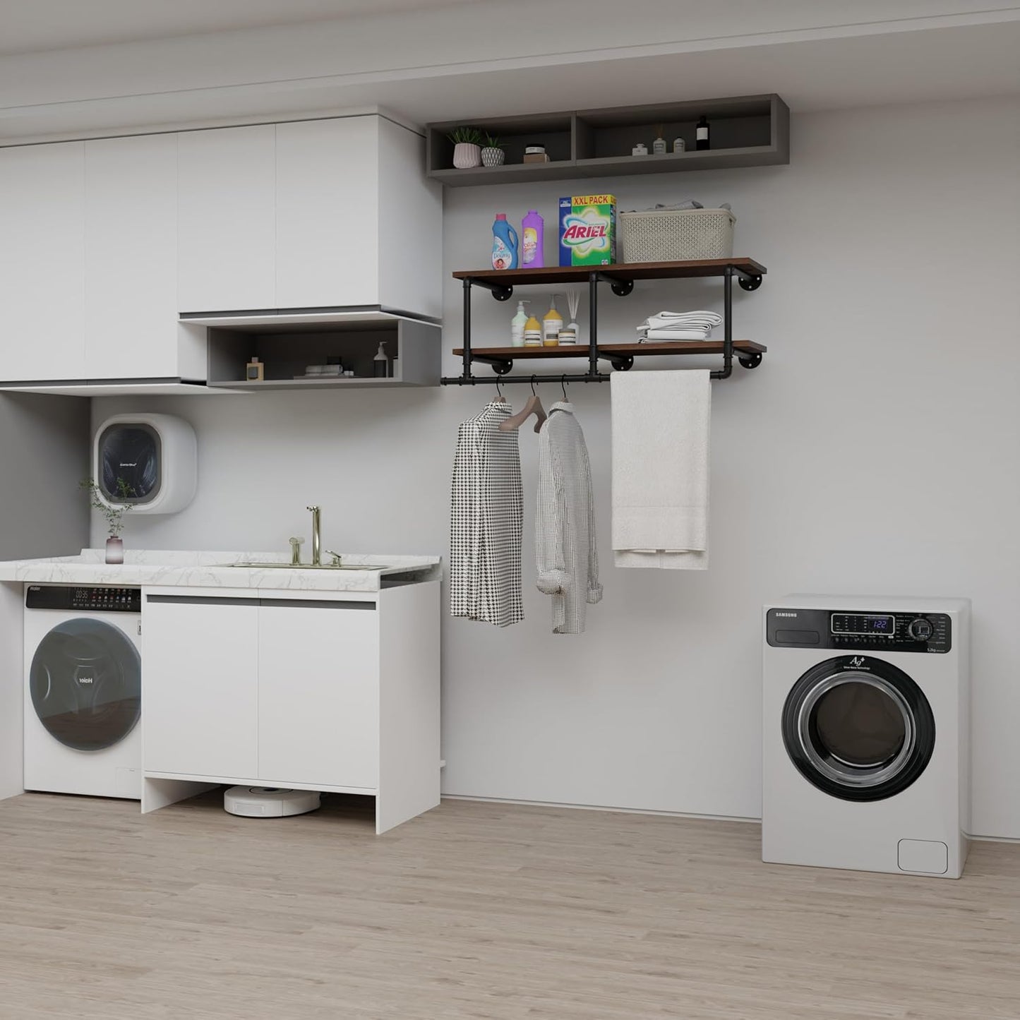 Wall Mounted Clothes Rack 12 Inch Deep, 42 Inch Heavy Duty Garment Rack with Real Walnut Wood Shelf, Multi-Purpose Hanging Rod & Space-Saving Closet Storage Organizer