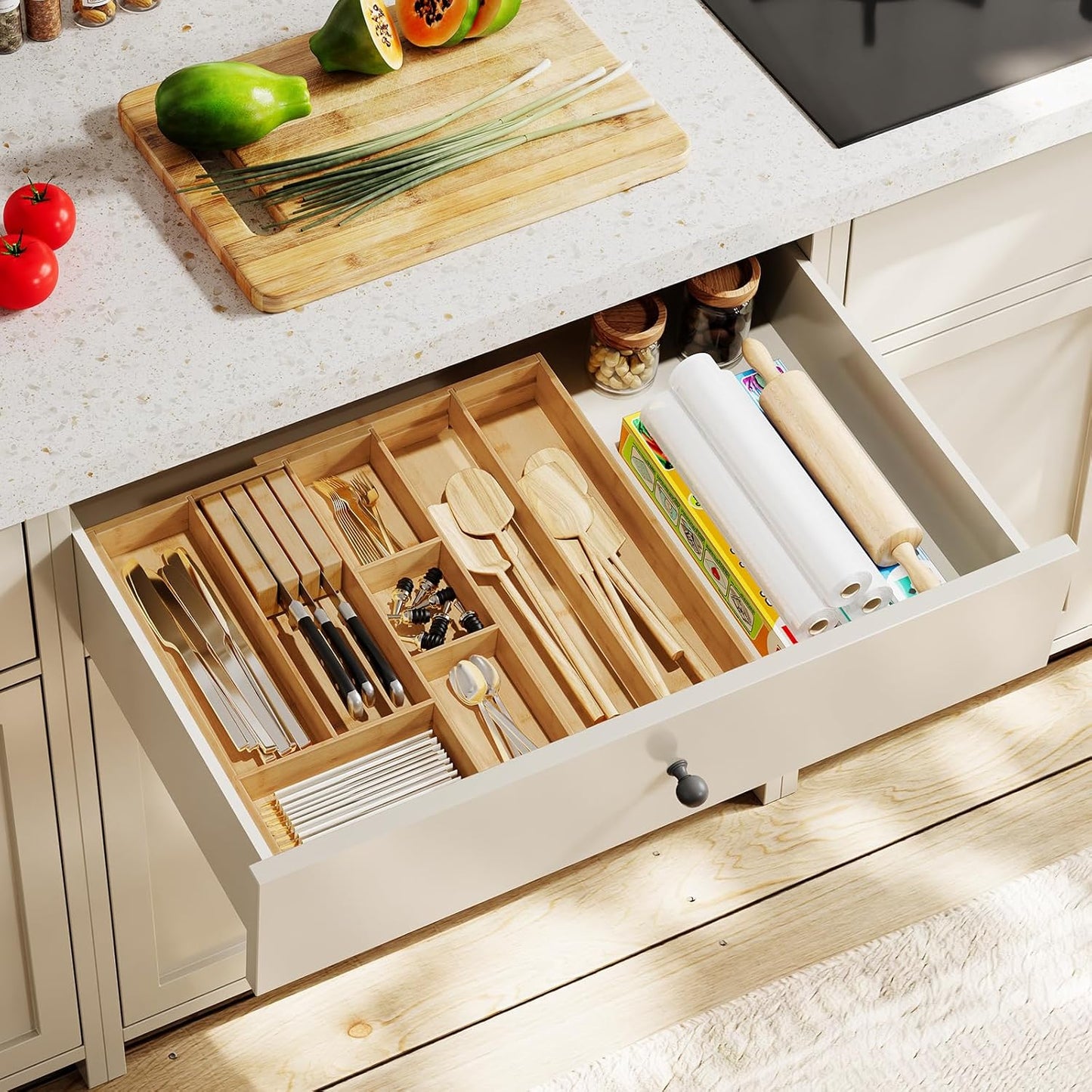 HO0BRO Large Silverware Organizer Kitchen Drawer Organizer, Magnetic Connected Expandable Utensil Organizer From 22 to 35 Inches, Bamboo 16 Slots Cutlery Tray with Knife Holder, Natural YL07TL01